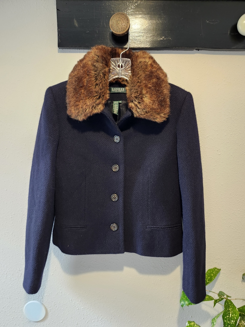 Ralph Lauren Navy Wool Jacket with Brown Faux Fur Collar
